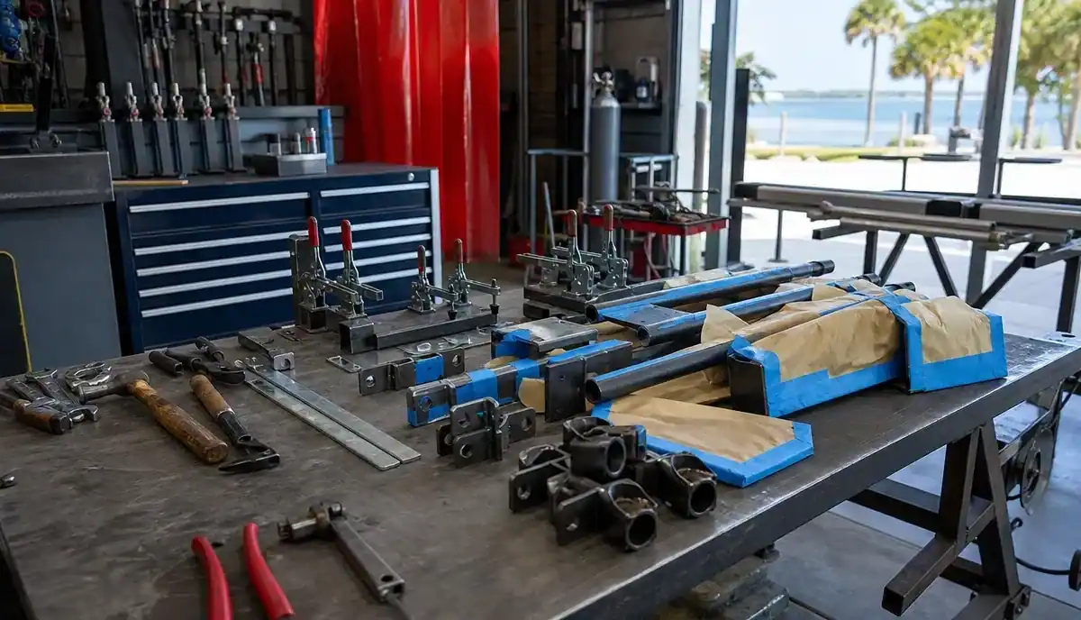APC shop bench with masking tooling and hand tools